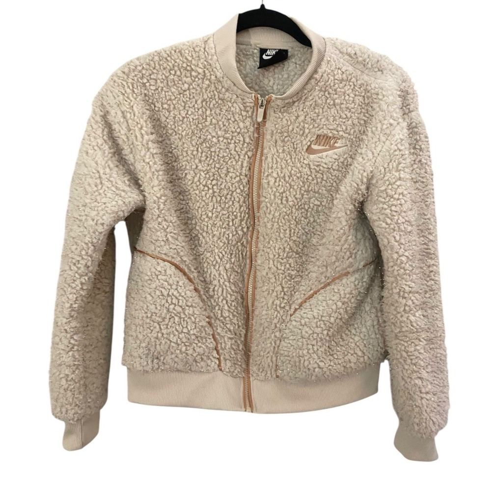 Nike Youth Girls Off White with Metallic Bronze Sherpa Full Zip Bomber Jacket XL